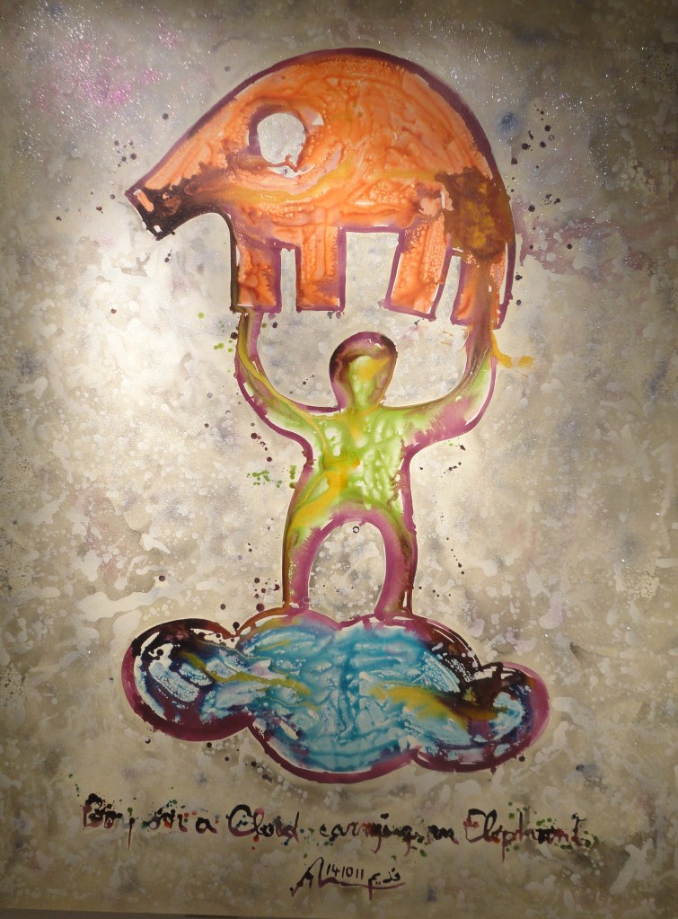 Nadim Karam 'Boy on a Cloud Carrying an Elephant' 300 X 200 cm. Mixed Media on Canvas, 2012