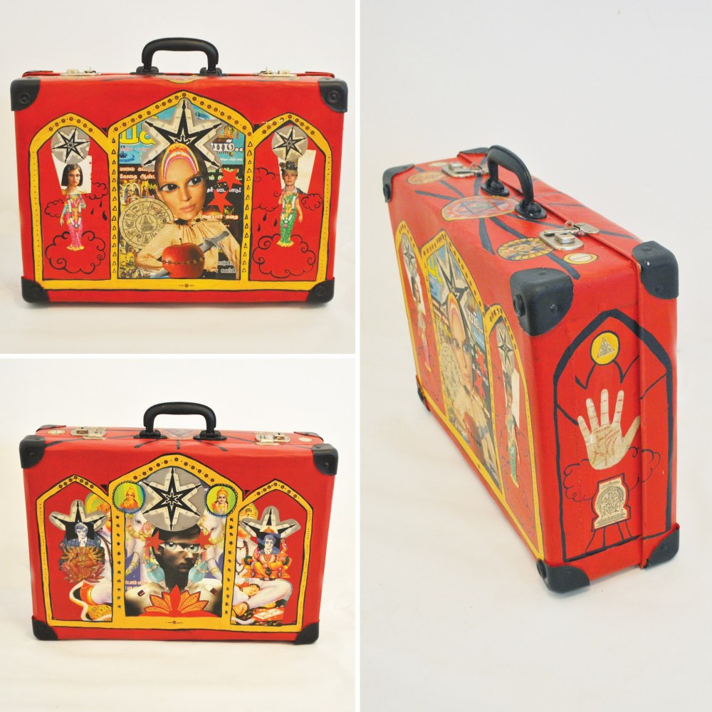 Miko Tennekoon 'Devotion' Acrylic paint and varnish on antique suitcase. 34 x 48 x 14 cm. 2012