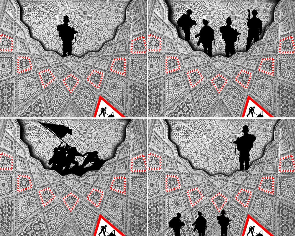 Lot 30: Abdulnasser Gharem, 'Men at Work I-IV', 2012, Handprinted Silkscreen Print on Somerset Tub Paper, Set of Four 115 x 150 cm. Courtesy: Ayyam Gallery