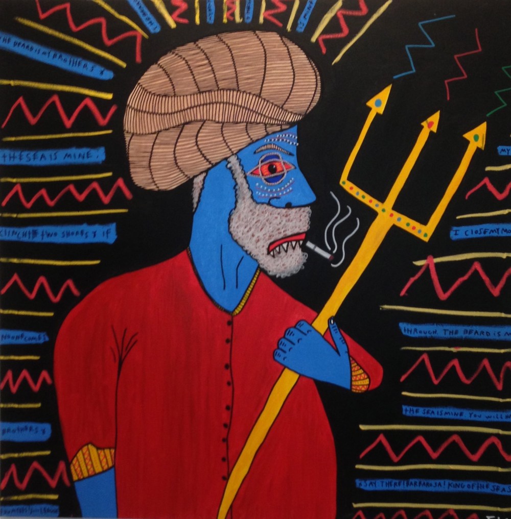 F160 "The Beard Is My Brothers" acrylic and poster paint on canvas, 100x100cm, 2013. Courtesy: Al Mahha Art Blog