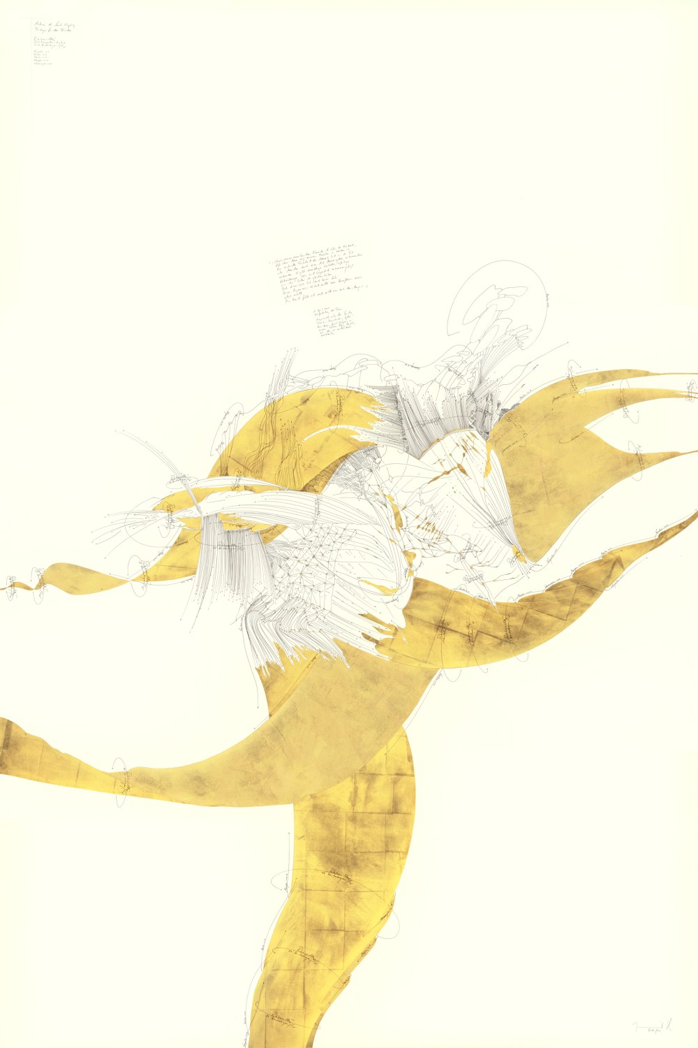 Jorinde Voigt "Antoine de Saint-Exupery, Berlin", Ink, gold leaf 24 carat, pencil, fixative on paper,  210 x 140 cm,  Courtesy : Galleria Marie-Laure Fleisch