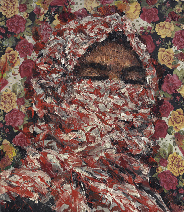 AYMAN BAALBAKI  'Al-Mulatham A' acrylic on printed fabric. 72x63 cm.