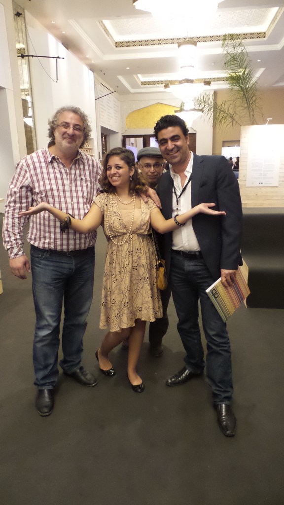 Al Mahha Art Founder, Mashaael Basheer standing in between Artists Ismail Rifai and Thaer Helal at Art Dubai Patron Preview. Courtesy to Al Mahha Art