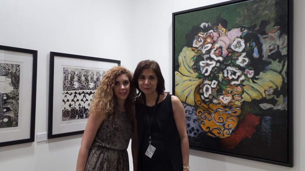 Artist Louma Rabbah and Albareh Art Gallery Founder Hayfa Aljishi at Art Modern. Courtesy to Al Mahha Art