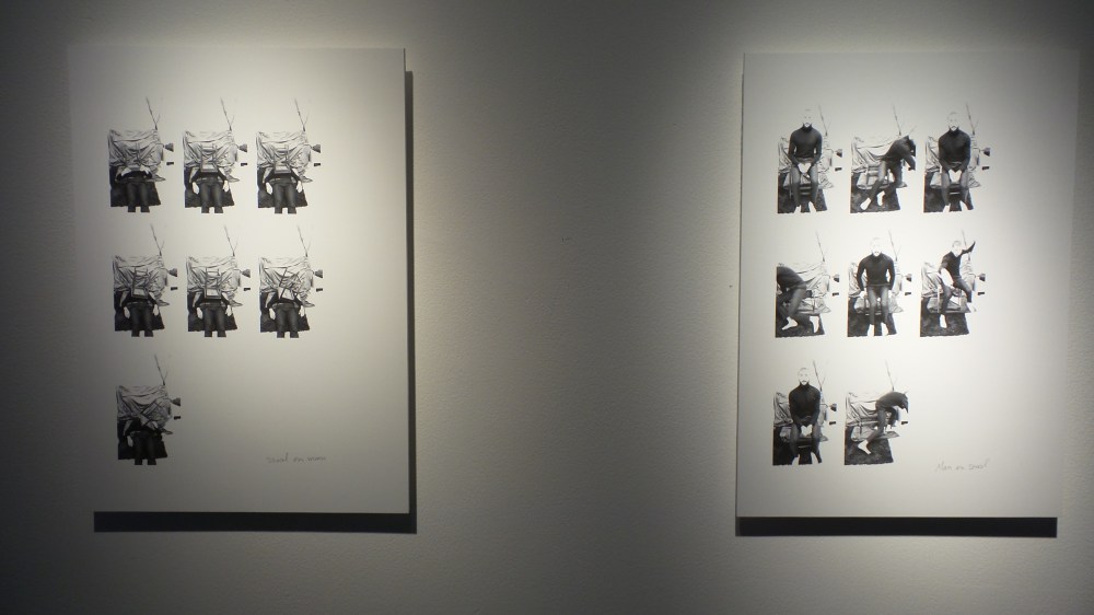 Walid Al Wawi "The Dilemma is now Called Body Language, Man on Stool, Stool on Man." 2014,  digital prints on A4. Courtesy to Al Mahha Art